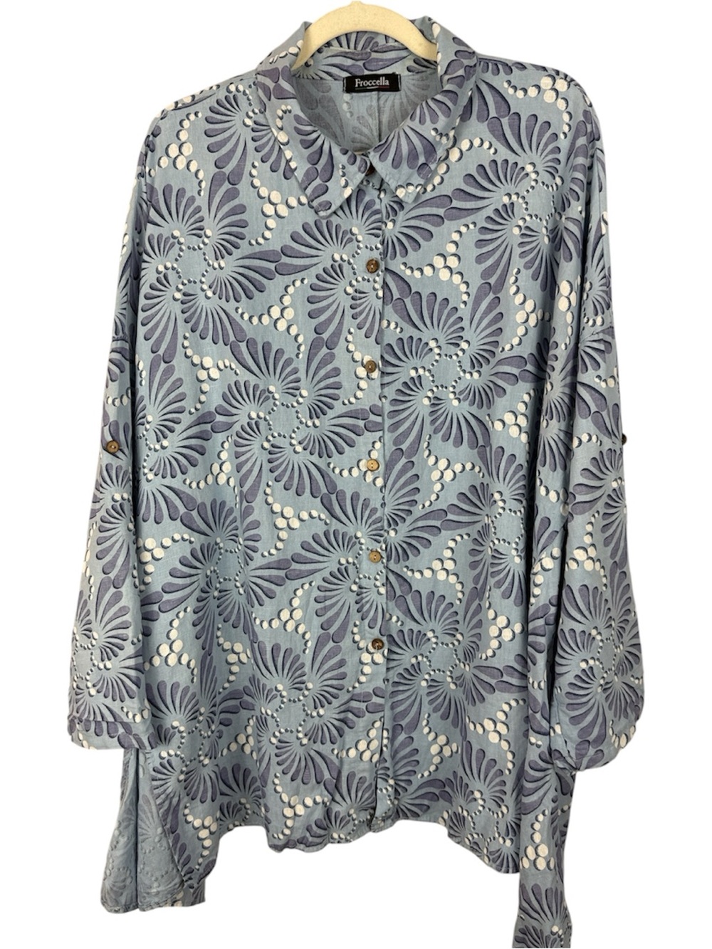 Froccella Italy Linen Cotton Blend Roll Tab Sleeve Abstract Print Tunic Shirt OS